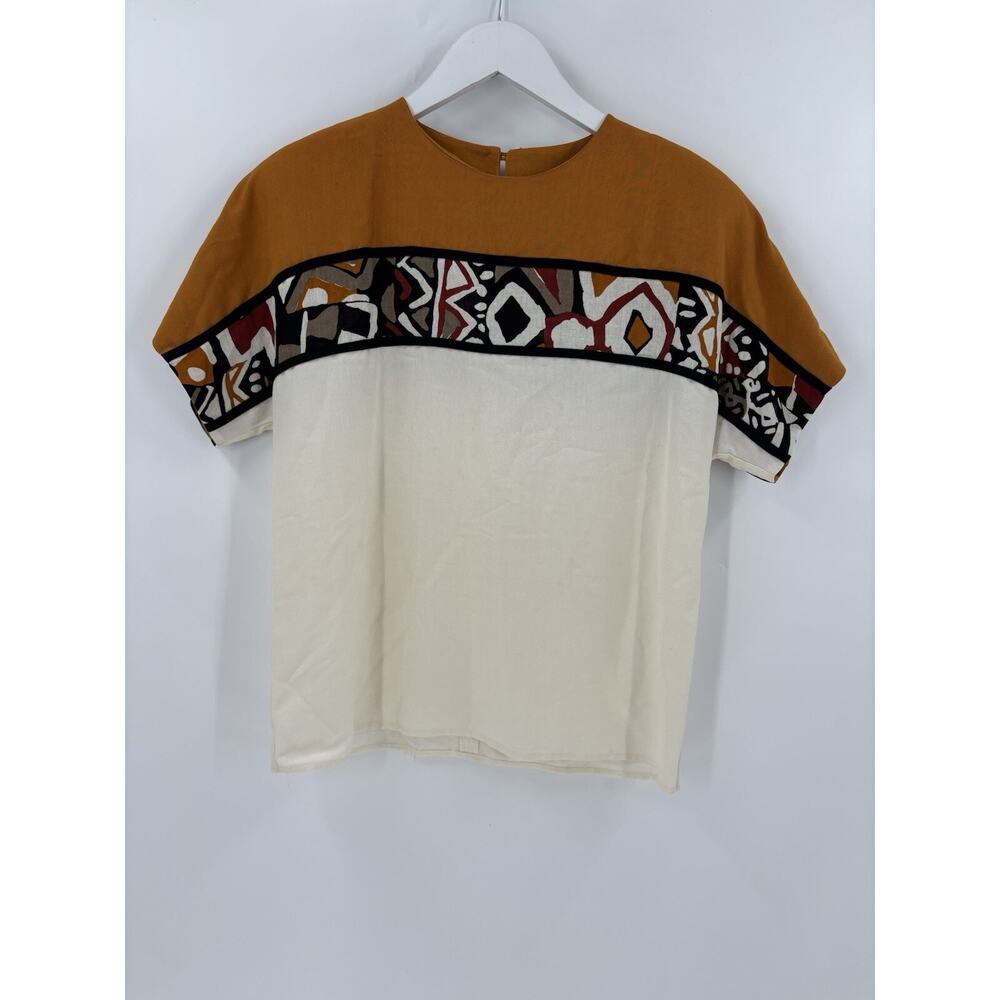 Lilli Ann Vintage Blouse Shirt Womens 8 White Brown Geometric Tribal 80s Sheer